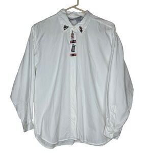 Capacity Petites VTG White Button Up Shirt‎ Plaid Cats Embroidered Long Sleeve L